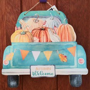 Old Blue Truck - Harvest Veggies & Flags Sign